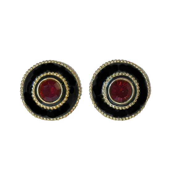 1980s Gold Plate Black Enamel Red Crystal Round Designer Statement Clip Earrings - Picture 3 of 3